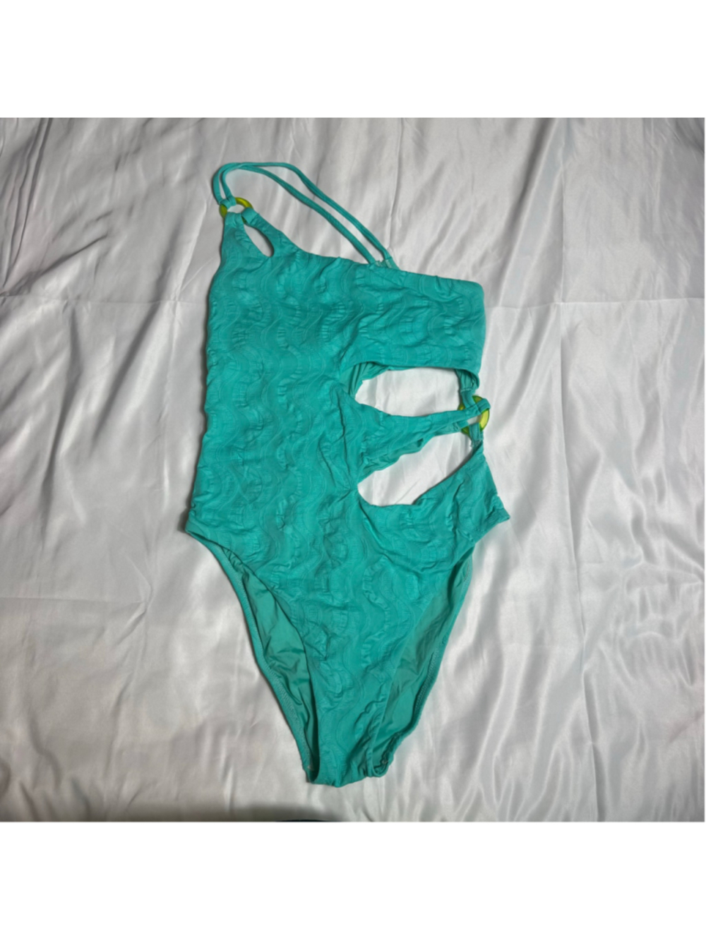 Women's Trina Turk One Piece Swimsuit Size 12 Turquoise Lime Green Cutout